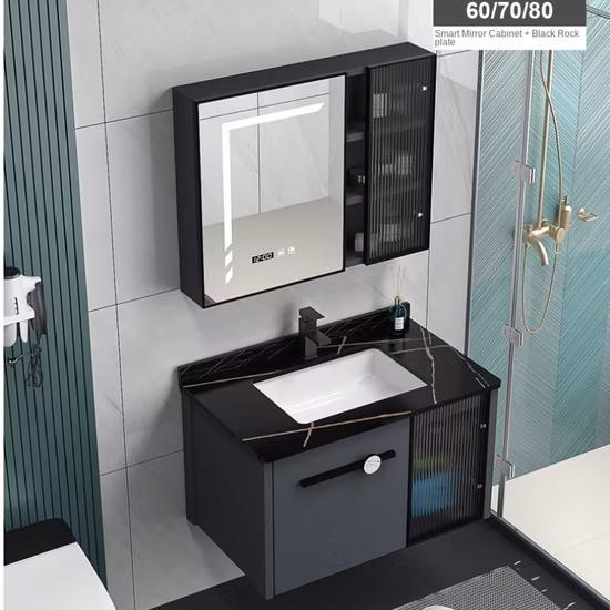 多層固体表面石膏ボード洗面器、LED ミラー付きキャビネット