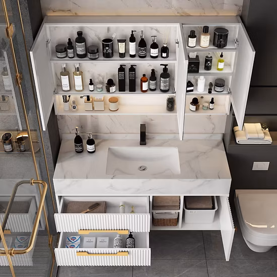 モダンなバスルームキャビネット、ゴールドライン、吊り下げキャビネット、シングルキャビネット、ミラー付きの大理石のバスルームキャビネット、ライト、シンク