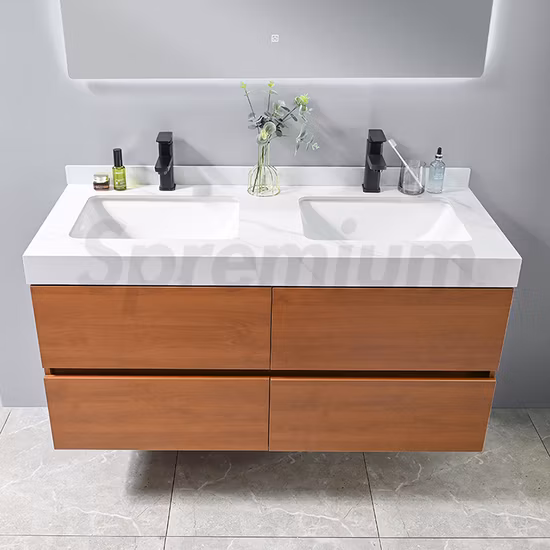 モダンな大型合板キャビネット 4 引き出し壁掛け LED ミラーダブルシンク高品質